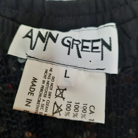 Vintage 80s Ann Green Art Deco Silk Sequined Top Pants Set Black Silver Womens L - Picture 9 of 10